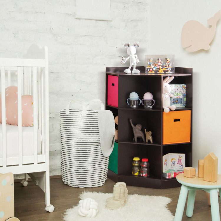 3-Tier Kids Storage Shelf Corner Cabinet with 3 Baskets-BrownCostway Gallery View 2 of 10